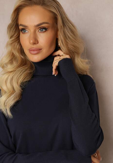 Granatowy Sweter Golf o Dopasowanym Fasonie z Wiskozą Nalexa 5