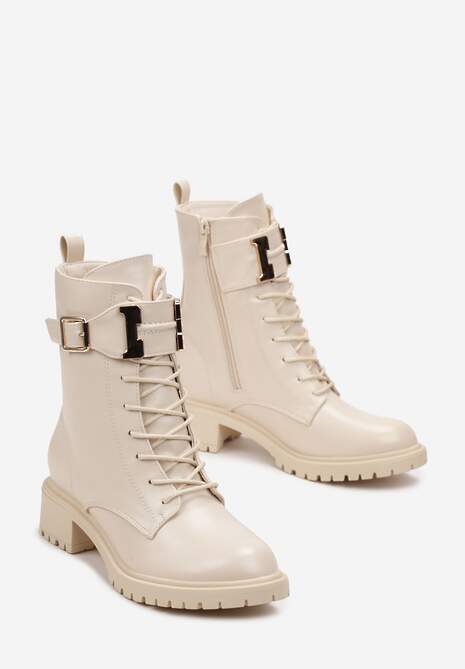 Beżowe Botki Workery Udekorowane Szerokim Paskiem z Klamrą Klonnte 4