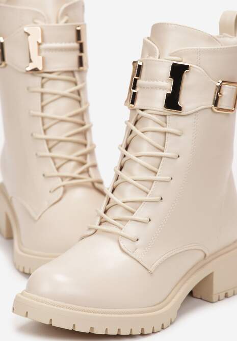 Beżowe Botki Workery Udekorowane Szerokim Paskiem z Klamrą Klonnte 5