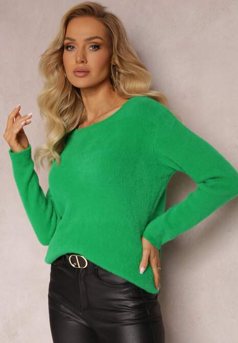 Zielony Sweter z Okrągłym Dekoltem o Puchatej Fakturze Inosuela