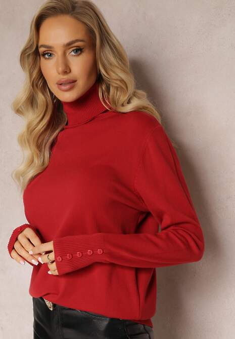 Czerwony Gładki Golf z Ozdobnymi Guzikami na Rękawach Hilama 4