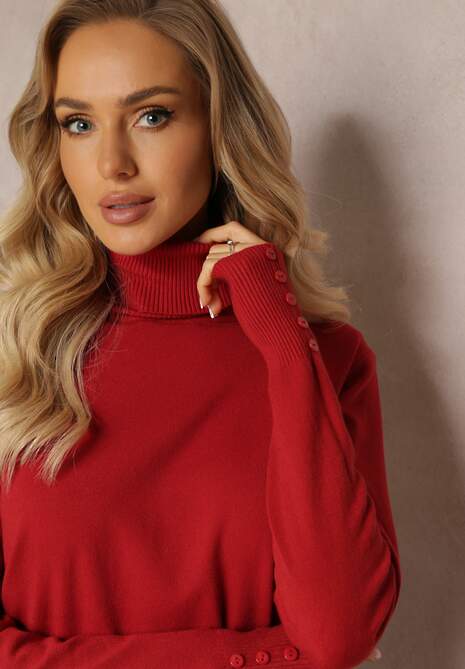 Czerwony Gładki Golf z Ozdobnymi Guzikami na Rękawach Hilama 5