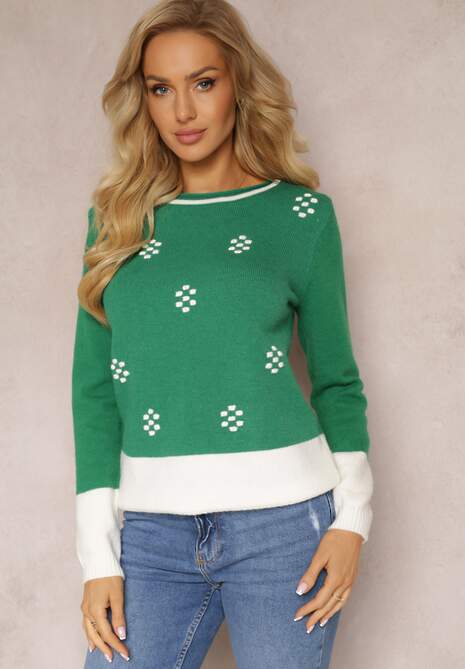 Zielony Sweter z Drobnymi Kropkami z Wełną Angorską Liname