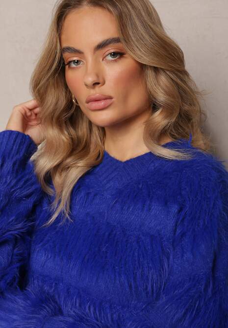 Granatowy Puchaty Sweter z Kaszmirem Nabille 5