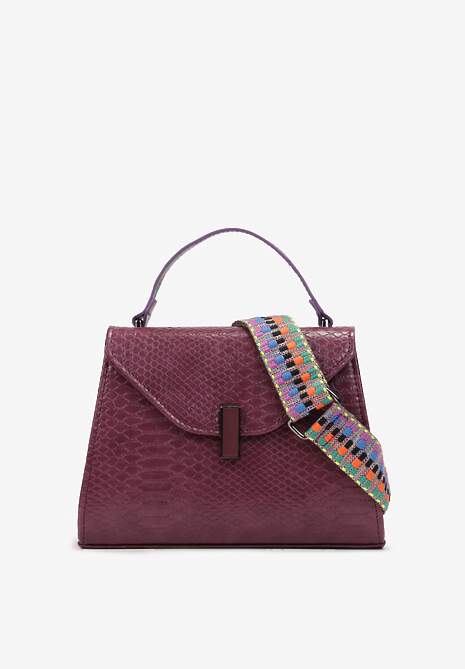 Geantă Violetă Trapezoidală cu Clapetă Decorată cu Imprimeu Croco Carreta