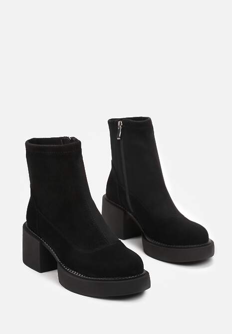 Czarne Botki z Naturalnej Skóry Nubuk na Słupku z Platformą Humusi 4