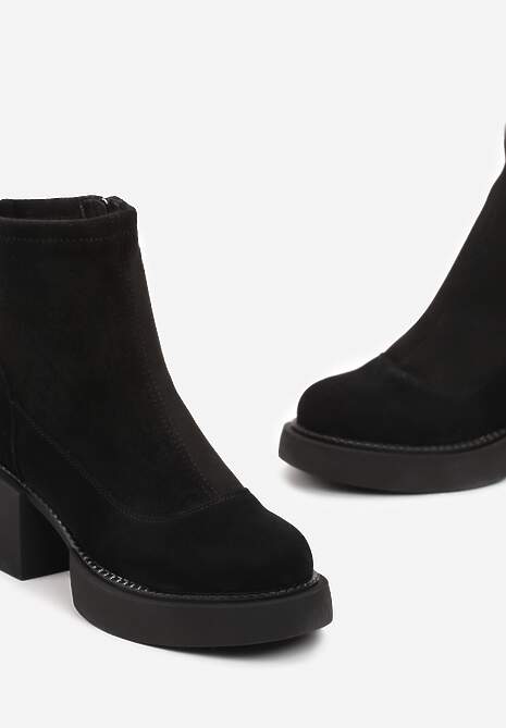 Czarne Botki z Naturalnej Skóry Nubuk na Słupku z Platformą Humusi 5