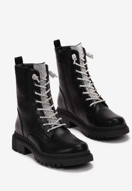 Czarno-Srebrne Botki Workery w Cyrkonie Anunit 4