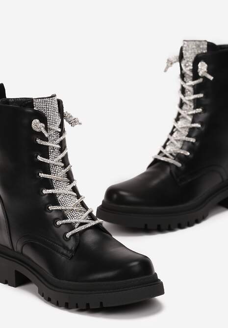 Czarno-Srebrne Botki Workery w Cyrkonie Anunit 5