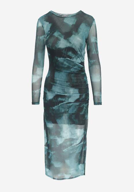 Rochie verde mulată maxi plasă cu crăpătură și încrețitură Soininen 6