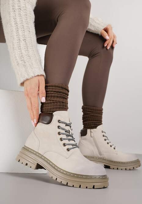 Beżowe Traperki z Ociepleniem i Sznurowaniem Almudena