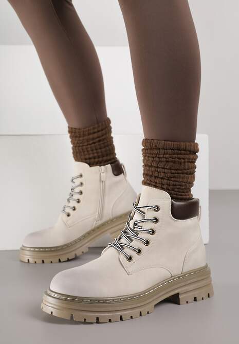 Beżowe Traperki z Ociepleniem i Sznurowaniem Almudena 4