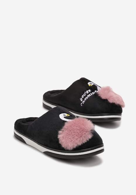 Papuci negri cu talpă plată, cu pompom și broderie Xamela 4