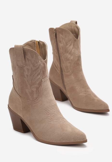 Cizme Cowboy bej deschis cu broderie pe toc conic Pomna 4