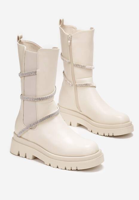 Botine Bej până la Jumatatea Gambei cu Cure Decorative cu Pietre Besiva 4