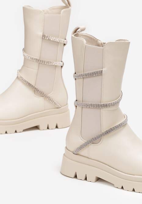 Botine Bej până la Jumatatea Gambei cu Cure Decorative cu Pietre Besiva 5