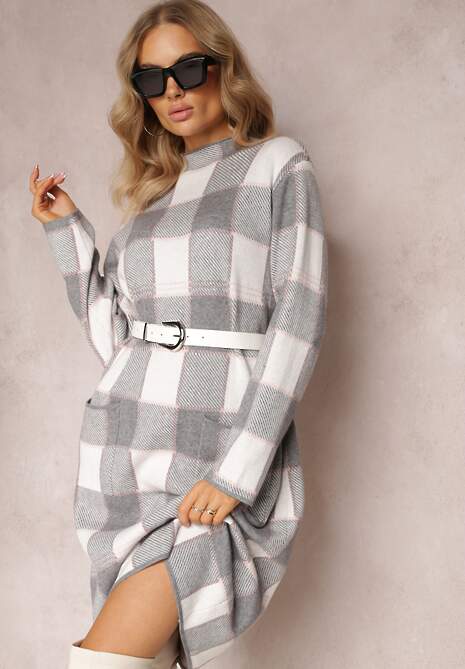 Szara Sukienka o Pudełkowym Fasonie z Sweterkowej Dzianiny w Kratkę Einestia 4