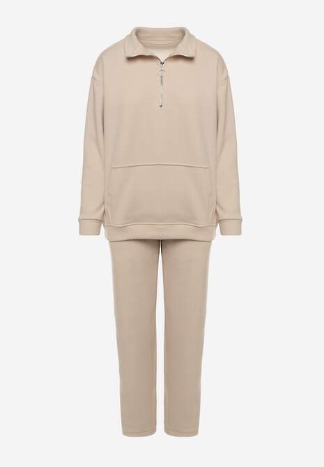 Set de trening bej din polar cu bluza cu fermoar scurt și pantaloni jogging Hypamena 6