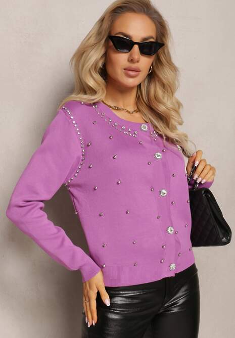Pulover Cardigan Violet Din Viscoză Decorat Cu Pietre Strasuri Și Mărgele Metalice Diomira