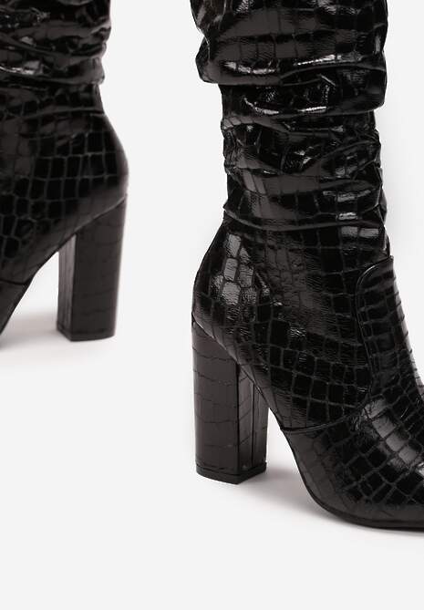 Botine negre cu toc Stiletto din imitație de piele de crocodil și carâmb plisat Stilon 5
