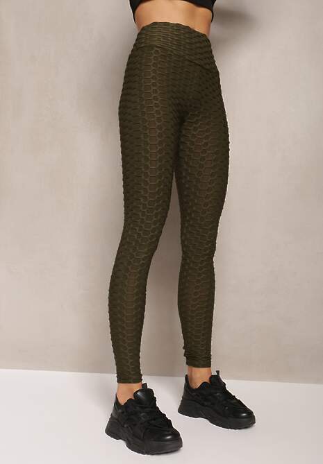 Ciemnozielone Legginsy z Tłoczonym Geometrycznym Wzorem z Efektem Push Up Mainettes 4