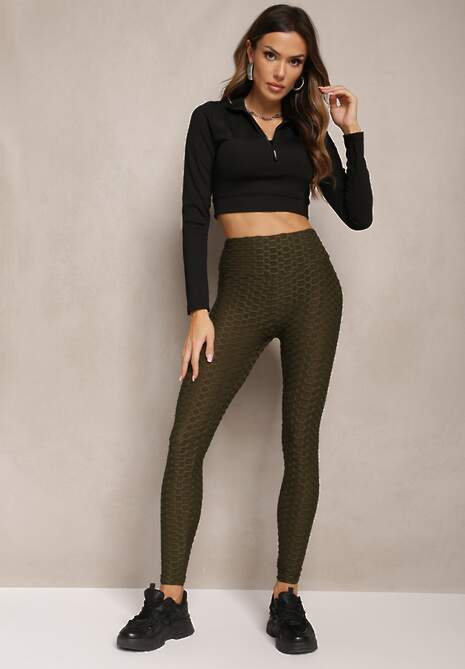 Ciemnozielone Legginsy z Tłoczonym Geometrycznym Wzorem z Efektem Push Up Mainettes
