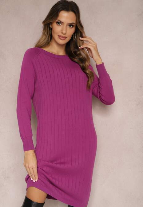 Rochie mov mini din tricot în stil drept cu decolteu rotund Chiras 4