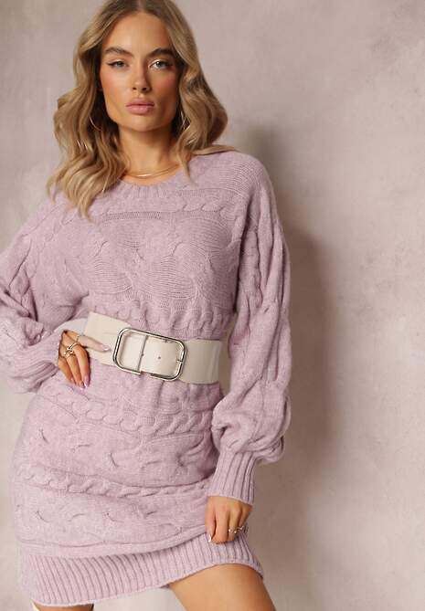 Jasnofioletowy Długi Sweter Oversize z Wypukłym Splotem All Over Somet