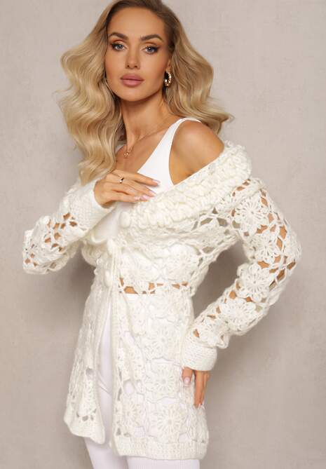 Cardigan Bej Deschis Ajurat cu Centură Petrame 4