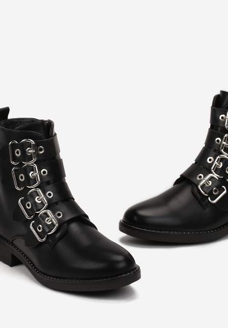 Botine negre cu toc plat și catarame decorative Trivessa 5