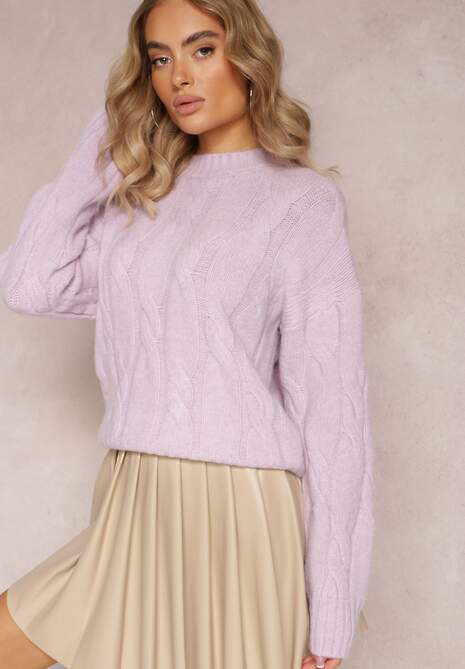 Fioletowy Klasyczny Sweter w Ozdobny Splot Olgame