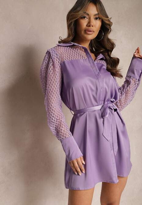 Fioletowa Mini Sukienka o Koszulowym Fasonie z Materiałowym Paskiem i Siateczką Idanes
