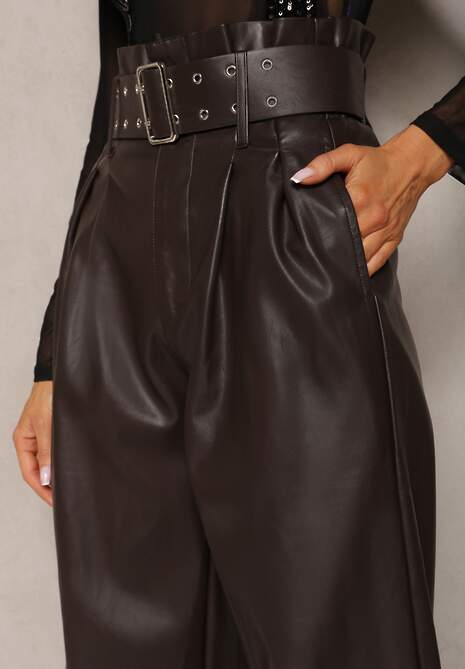 Ciemnobrązowe Szerokie Spodnie High Waist z Ekoskóry i Paskiem Phyphne 5