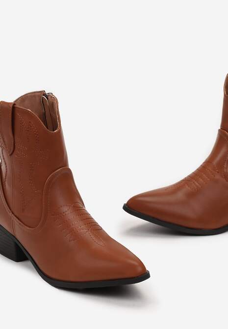 Botine Maro Cowboy cu Cusături Decorative pe Toc Jos Aderba 5