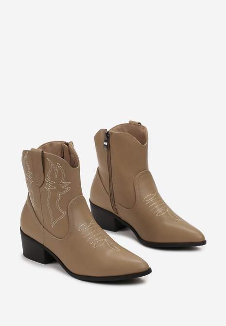Botine Cowboy Bej Închis cu Cusături Decorative pe Toc Jos Aderba 4