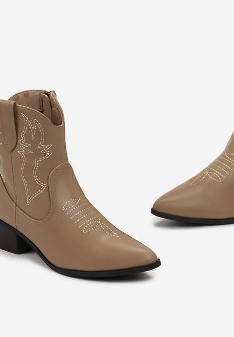 Botine Cowboy Bej Închis cu Cusături Decorative pe Toc Jos Aderba 5