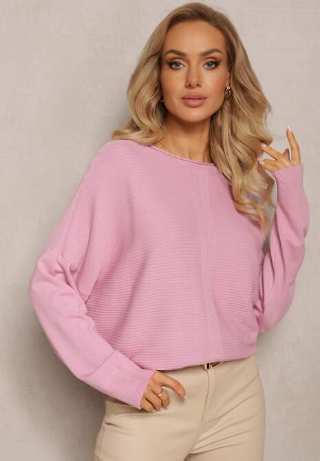 Różowy Oversizowy Sweter o Przedłużonym Fasonie z Rękawami Typu Nietoperz Porunxa