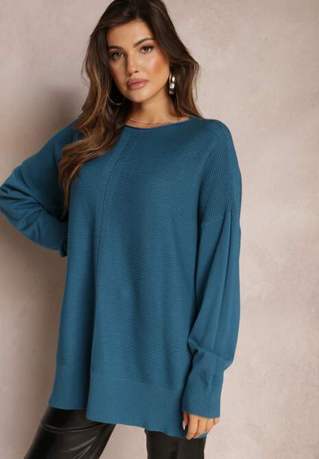 Ciemnoniebieski Oversizowy Sweter o Przedłużonym Fasonie z Rękawami Typu Nietoperz Porunxa
