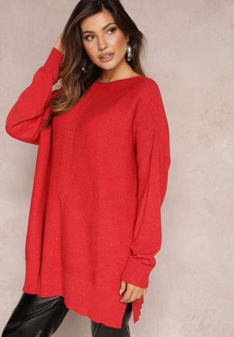 Czerwony Oversizowy Sweter o Przedłużonym Fasonie z Rękawami Typu Nietoperz Porunxa