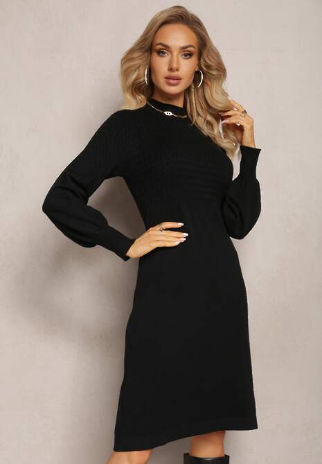 Czarna Sweterkowa Sukienka Mini z Półgolfem i Warkoczykowym Splotem Tenelia