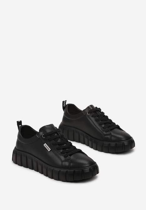 Czarne Sneakersy ze Skóry Naturalnej na Tłoczonej Platformie Pelinea 4