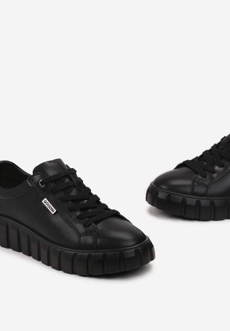 Czarne Sneakersy ze Skóry Naturalnej na Tłoczonej Platformie Pelinea 5