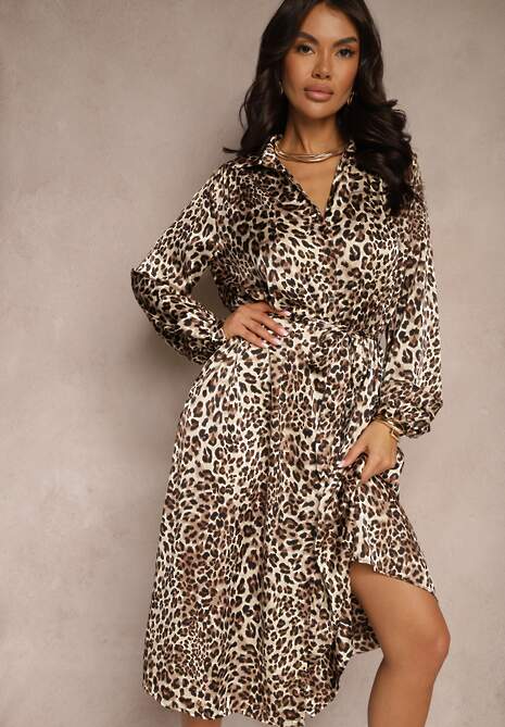 Rochie Cămașă Maro cu Imprimeu Animal Print cu Cordon în Talie Ramalli 4