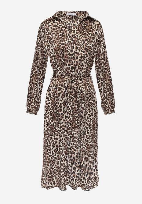 Rochie Cămașă Maro cu Imprimeu Animal Print cu Cordon în Talie Ramalli 6