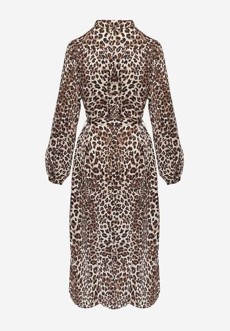 Rochie Cămașă Maro cu Imprimeu Animal Print cu Cordon în Talie Ramalli 7