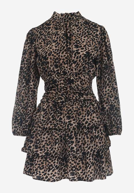 Rochie mini maro cu croi în cloș cu imprimeu leopard și volane Gerttera 6