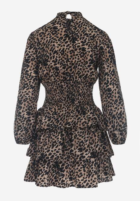 Rochie mini maro cu croi în cloș cu imprimeu leopard și volane Gerttera 7