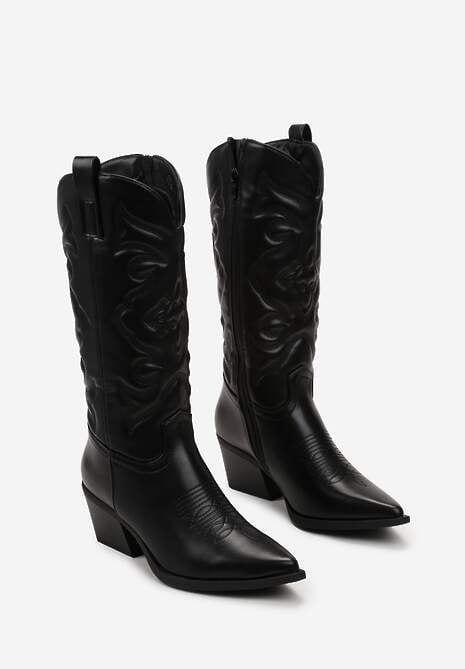 Czarne Kozaki Kowbojki na Stożku z Przeszyciami Ganavou 4