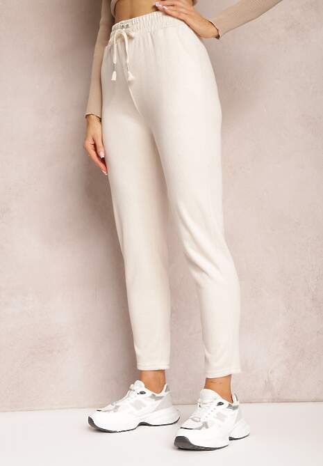 Pantaloni bej deschis High Waist din lână cu elastic și șnur în talie Ishildame 4