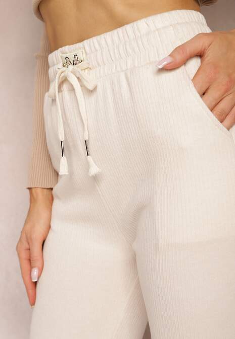 Pantaloni bej deschis High Waist din lână cu elastic și șnur în talie Ishildame 5